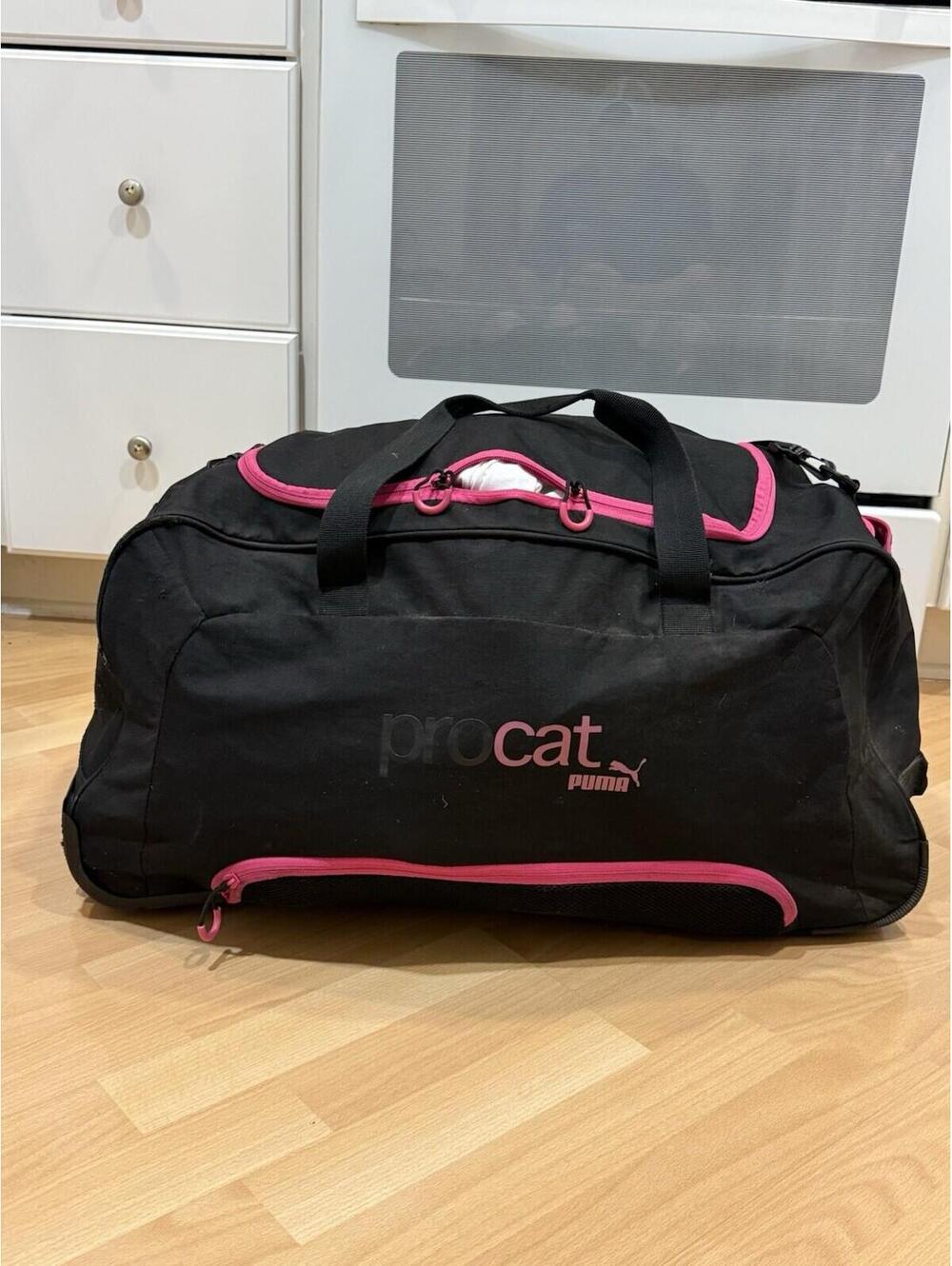 Puma ProCat Rolling Duffel Bag Black Pink Wheeled Travel Gym Luggage